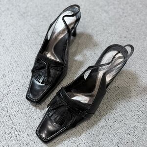 Liz Claiborne Black Leather Slingback Heels Tassel Square Toe